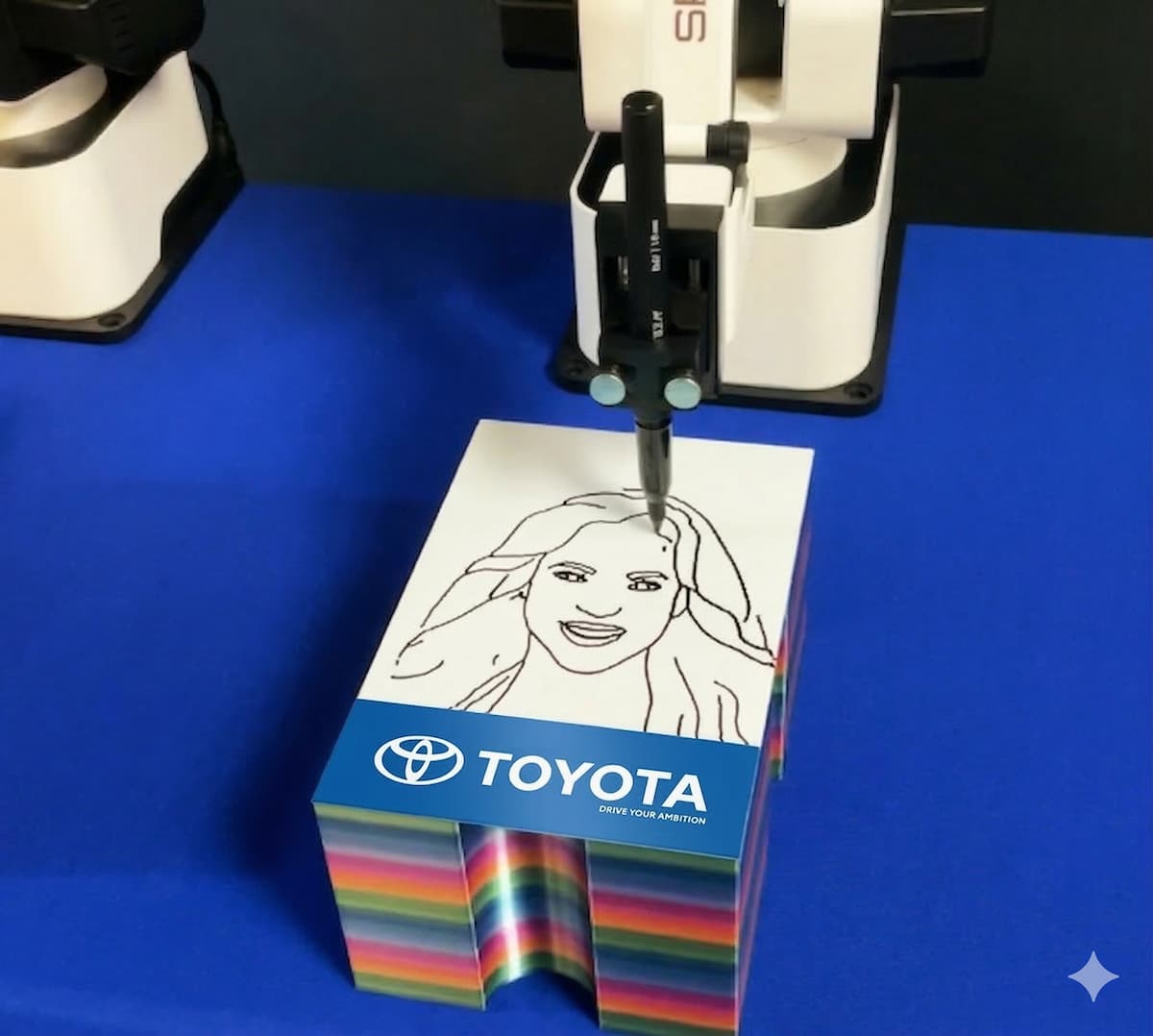 Branded robot-drawn portrait with company logo on it