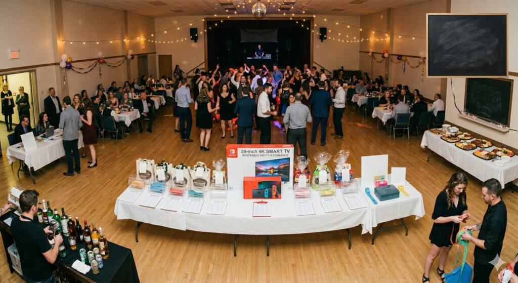 Busy hall with a prize table during a social evening