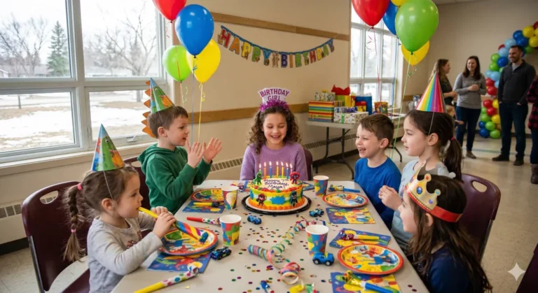 Children around a birthday cake at a party table