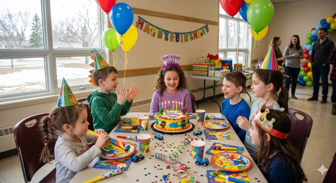 Children around a birthday cake at a party table