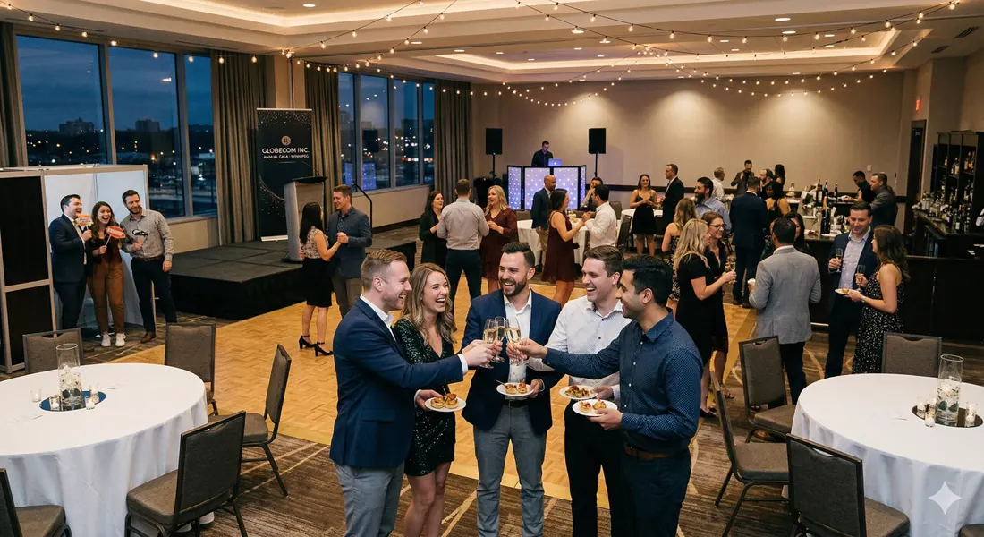 Guests raising glasses at a party in a banquet room