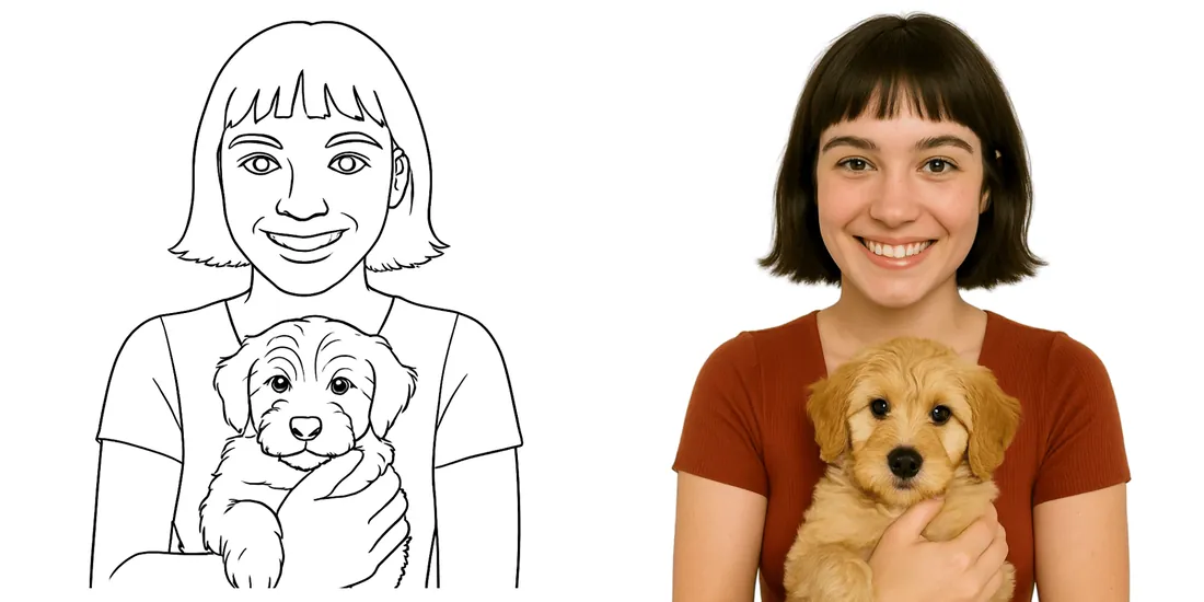Pen drawing of a woman holding a puppy beside the photo it was drawn from