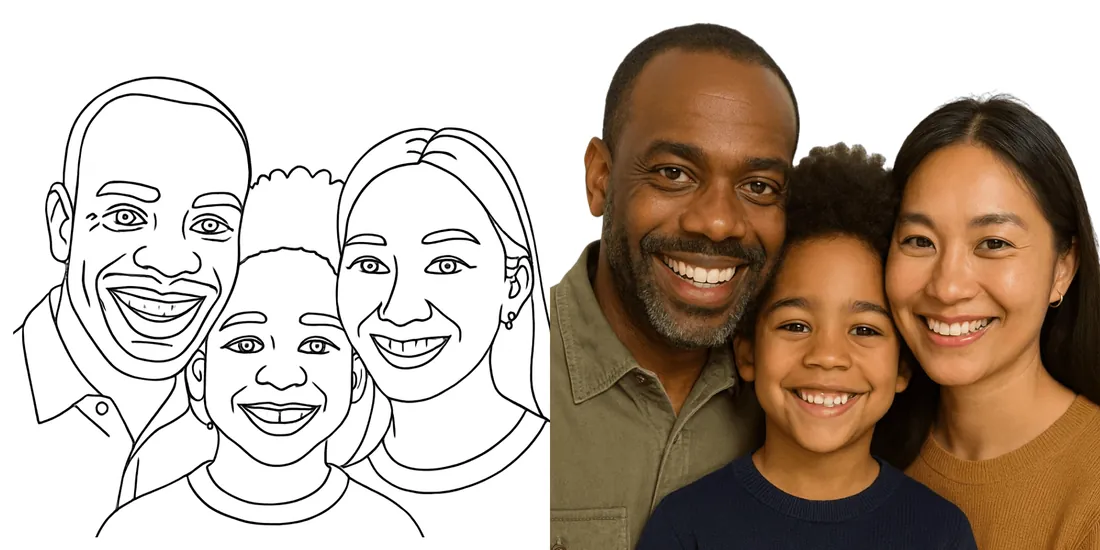 Pen drawing of a man, a woman and a child beside their family photo