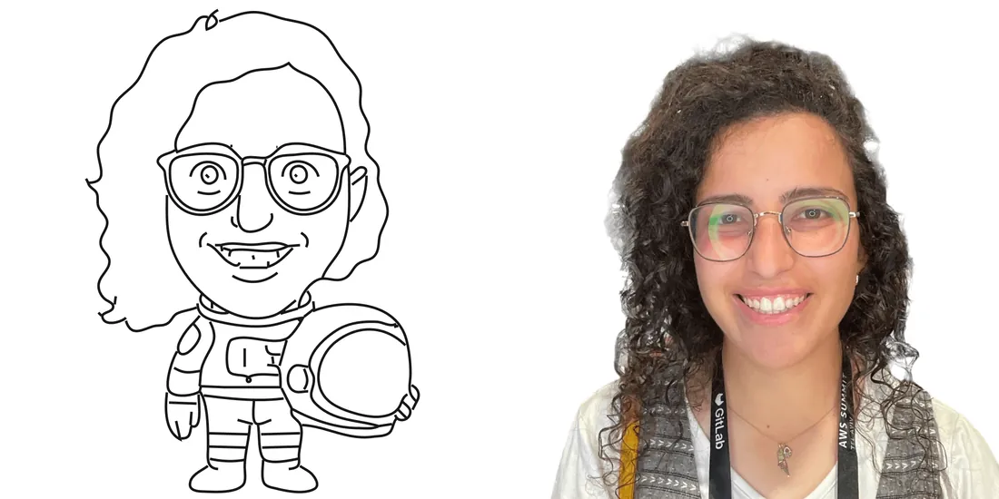 Caricature drawing of a woman in glasses in an astronaut suit beside her photo