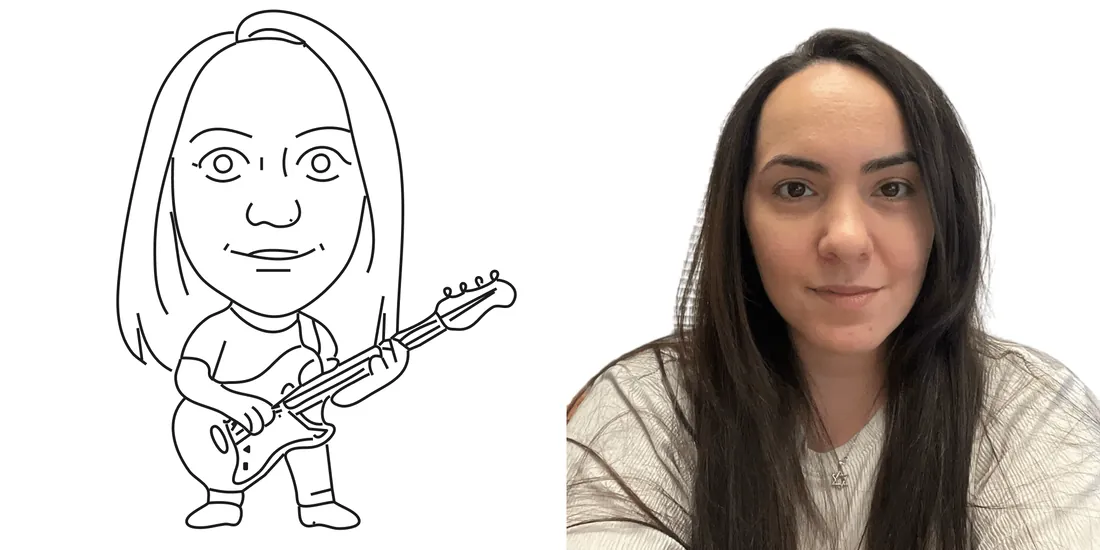 Caricature drawing of a woman playing guitar beside her photo