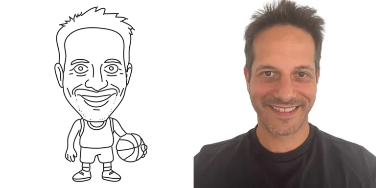 Photo of a smiling man beside a pen-drawn caricature of him holding a basketball